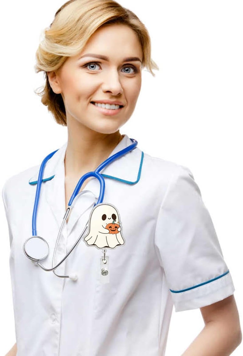 NSSHEL Cute Ghost Badge Reel Acrylic Retractable Halloween Badge Clip with 360° Rotating ID Card Holder Ghost Holding Pumpkin Badge Reel Designs Halloween Spooky ID Badge Holder for Nurses, Doctors - Image 5